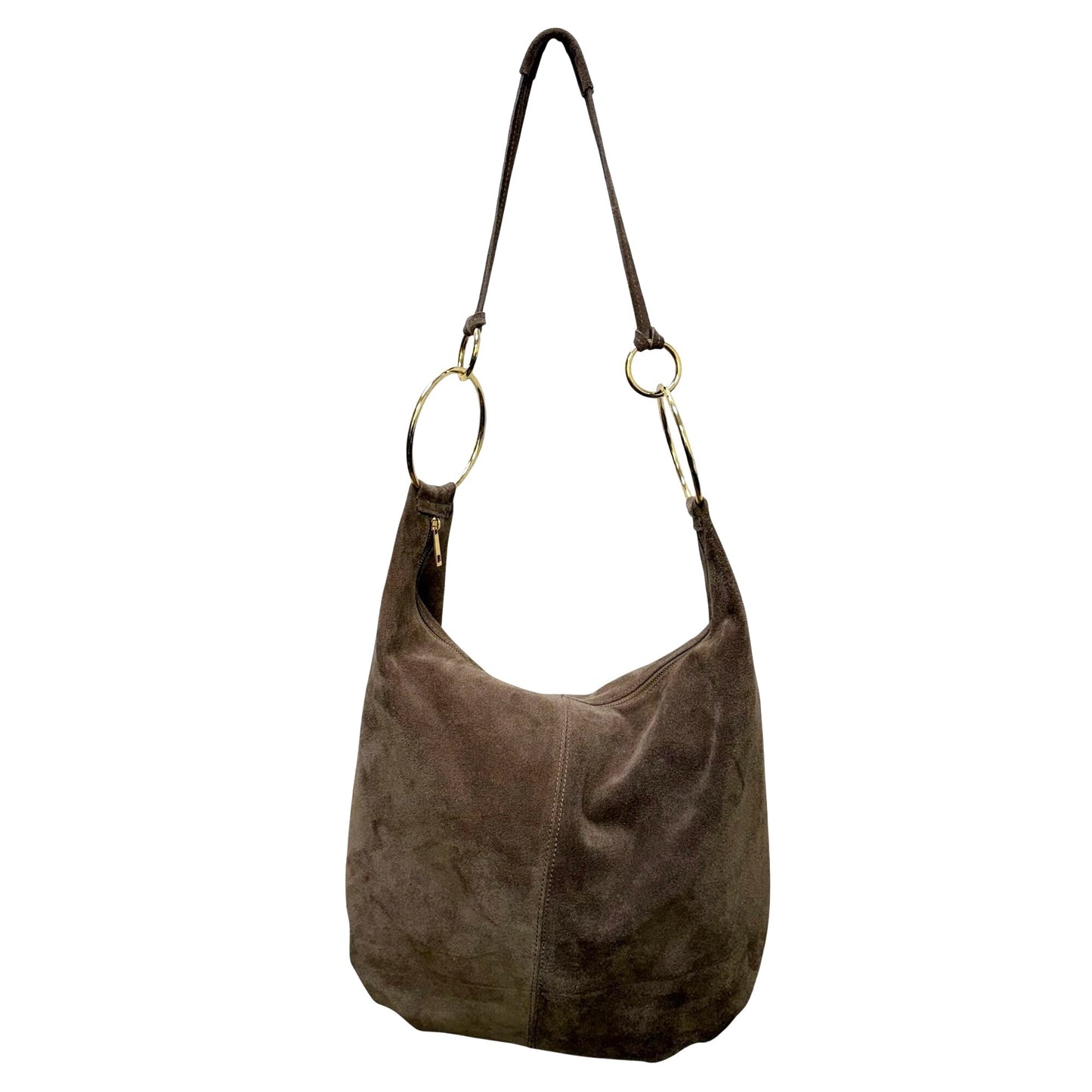 Marlon Brown Suede Hobo Bag With Gold Ring Accents