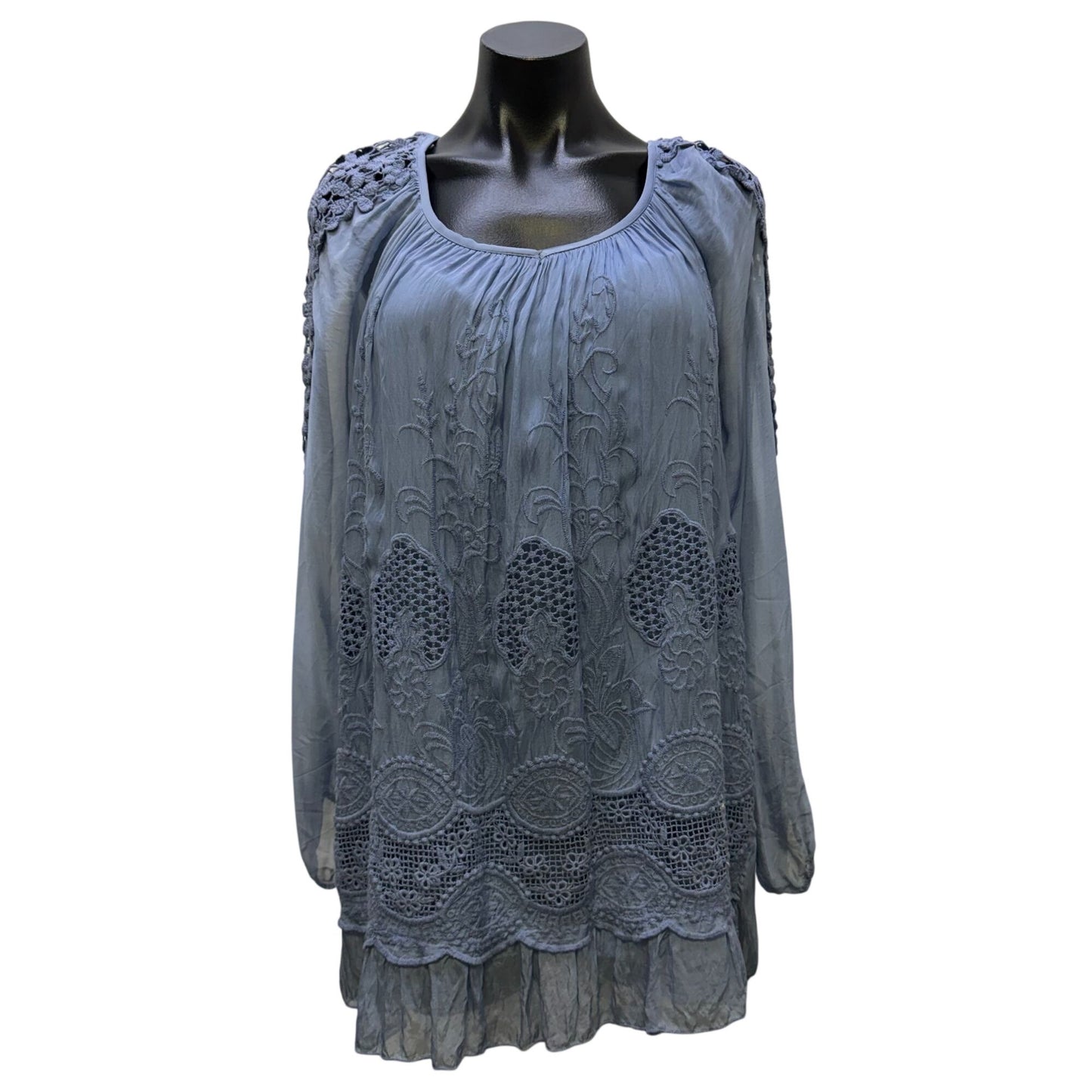 Tempo Paris Blue Embroidered Lace Long Sleeve Blouse Size M