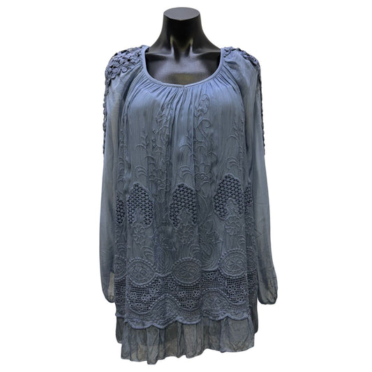 Tempo Paris Blue Embroidered Lace Long Sleeve Blouse Size M