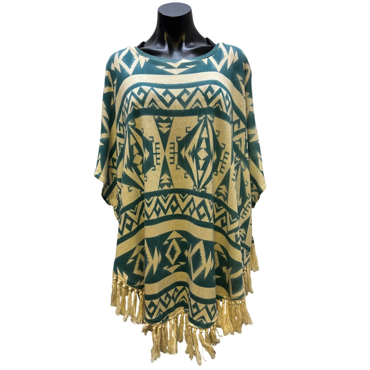 Tasha Polizzi Collection Cream & Teal Aztec Print Poncho Blouse L/XL Tassel Fringe Hem
