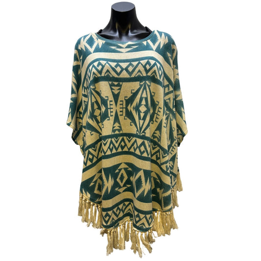 Tasha Polizzi Collection Cream & Teal Aztec Print Poncho Blouse L/XL Tassel Fringe Hem