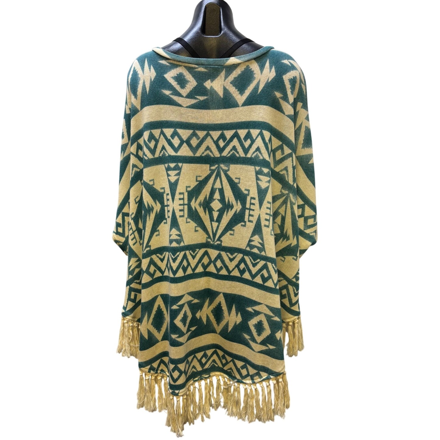 Tasha Polizzi Collection Cream & Teal Aztec Print Poncho Blouse L/XL Tassel Fringe Hem