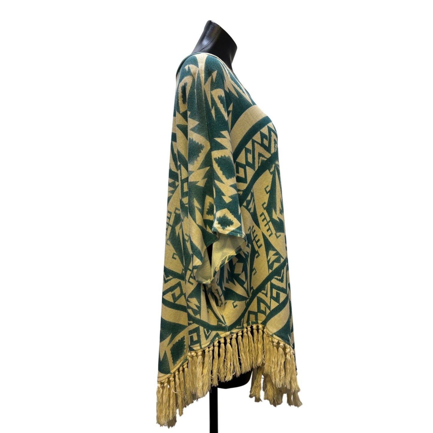 Tasha Polizzi Collection Cream & Teal Aztec Print Poncho Blouse L/XL Tassel Fringe Hem