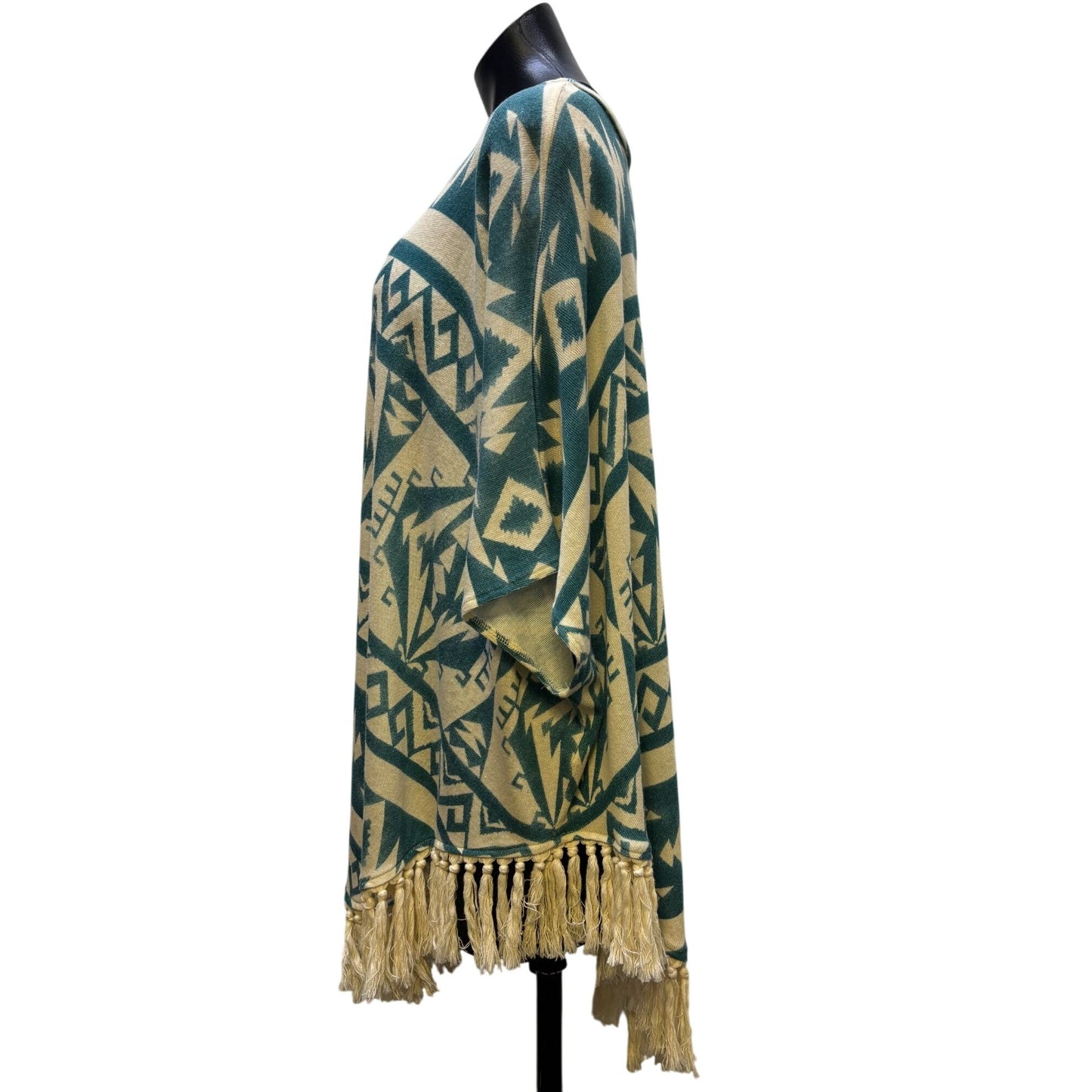Tasha Polizzi Collection Cream & Teal Aztec Print Poncho Blouse L/XL Tassel Fringe Hem