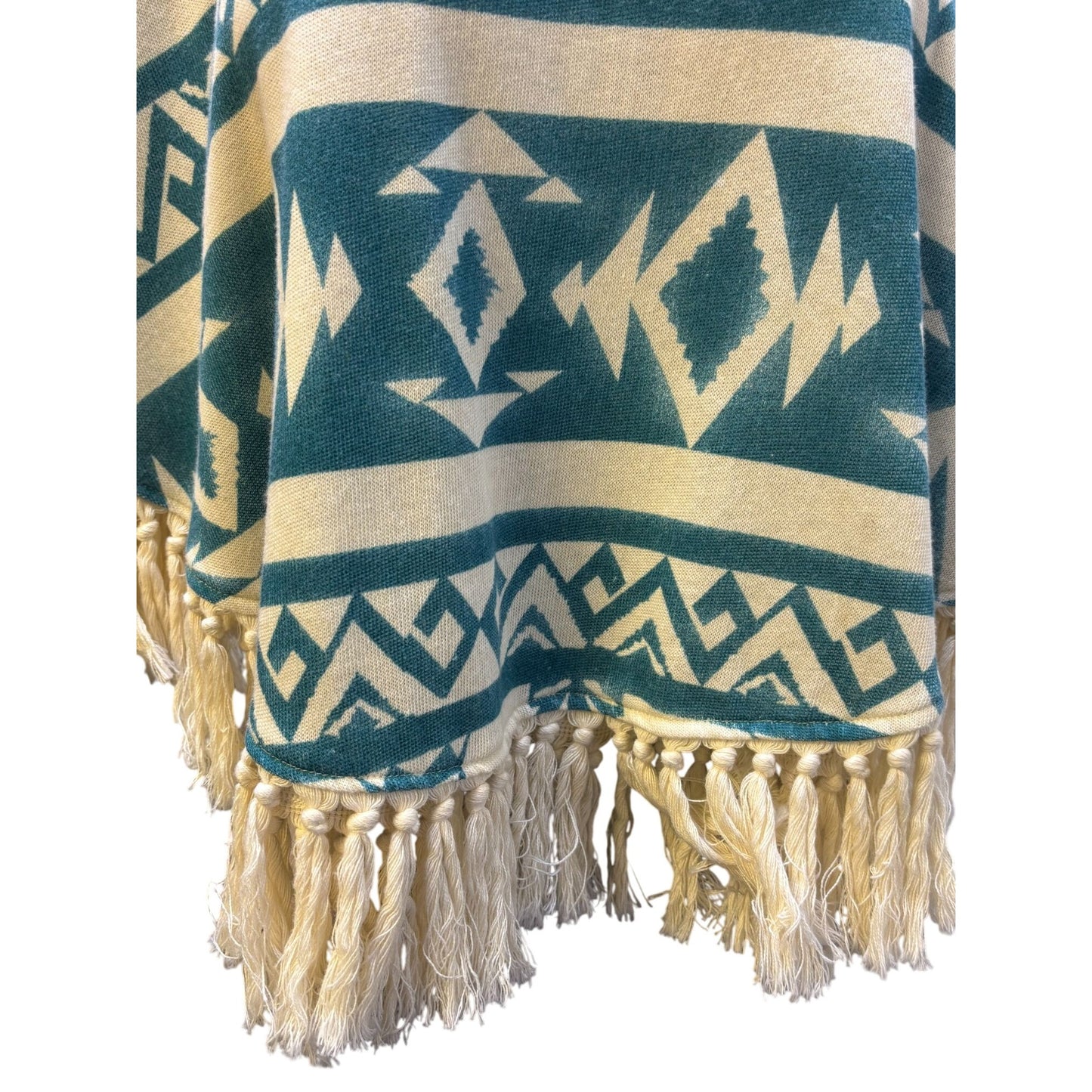 Tasha Polizzi Collection Cream & Teal Aztec Print Poncho Blouse L/XL Tassel Fringe Hem
