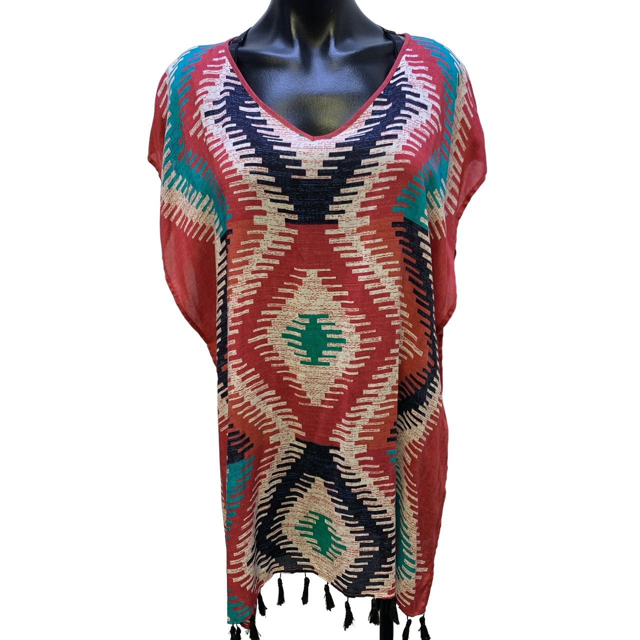 *Double D Ranch Multi-colored Southwestern Print Fringed Poncho Size S/M