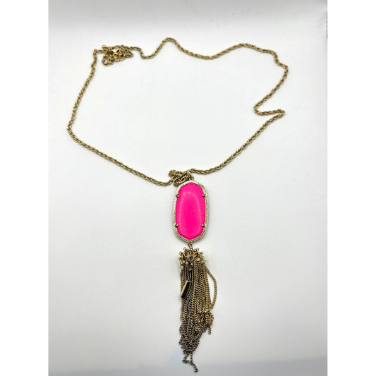 Kendra Scott Gold Chain Necklace With Pink Oval Stone & Tassel Pendant
