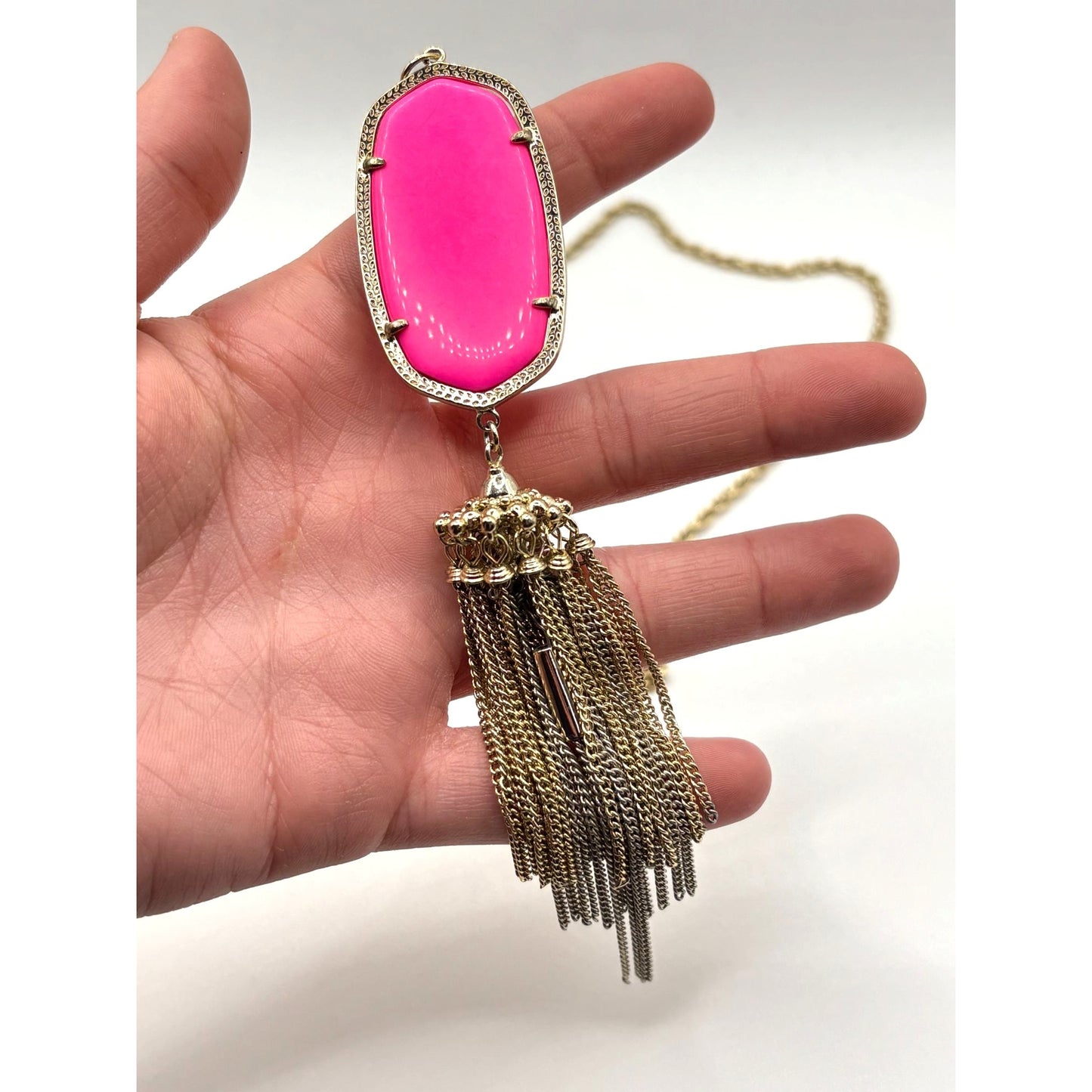 Kendra Scott Gold Chain Necklace With Pink Oval Stone & Tassel Pendant