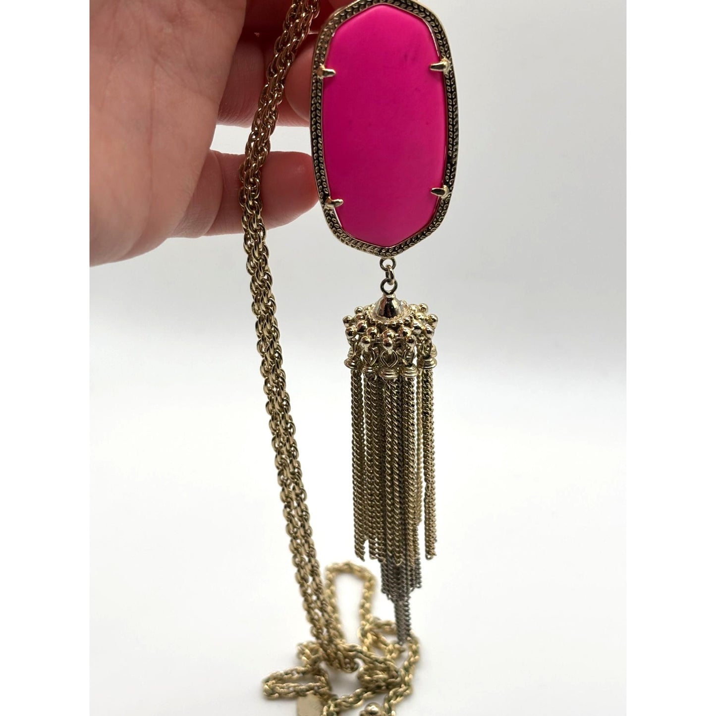 Kendra Scott Gold Chain Necklace With Pink Oval Stone & Tassel Pendant