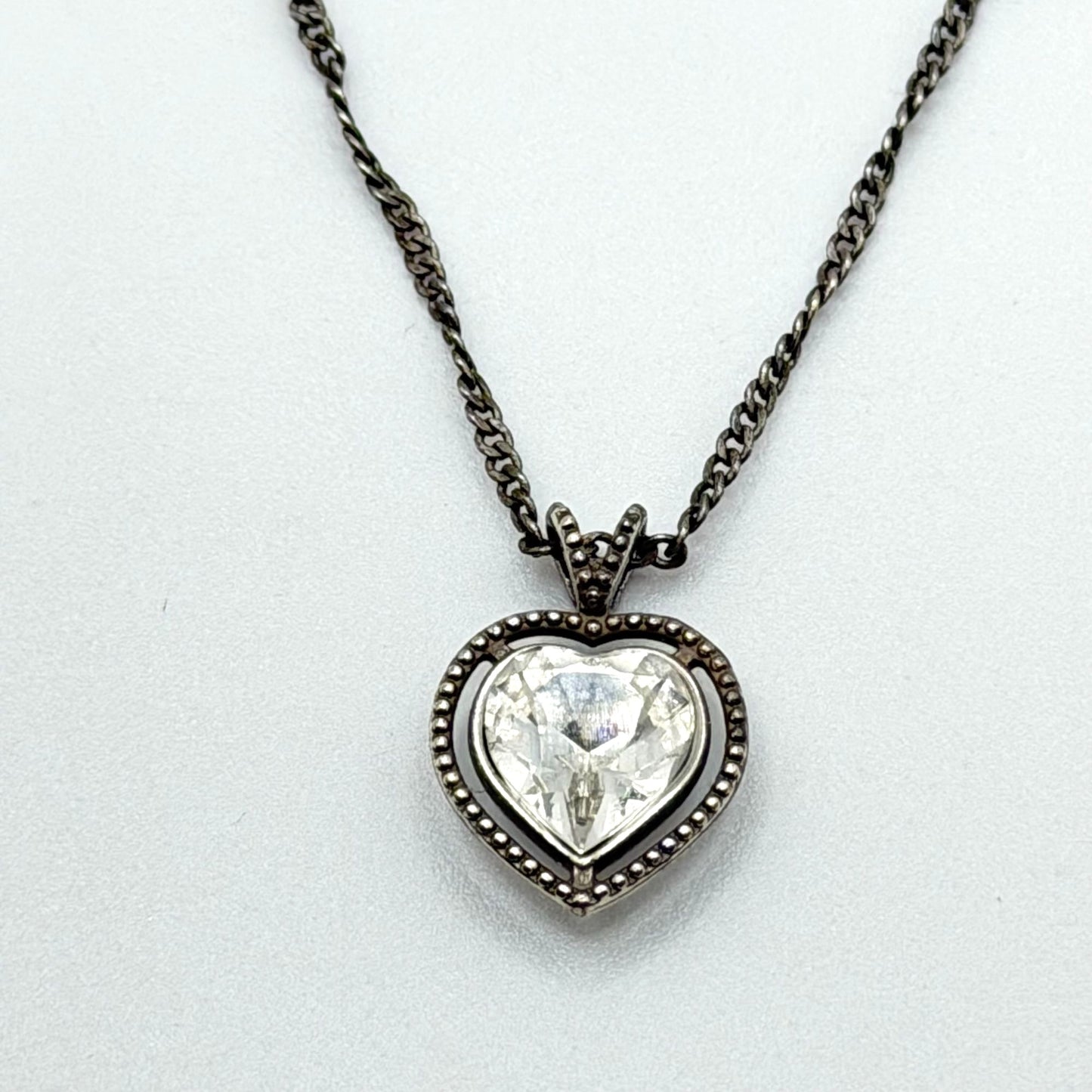 Vintage Brighton Heart Crystal Pendant Necklace In Antique Silver Tone