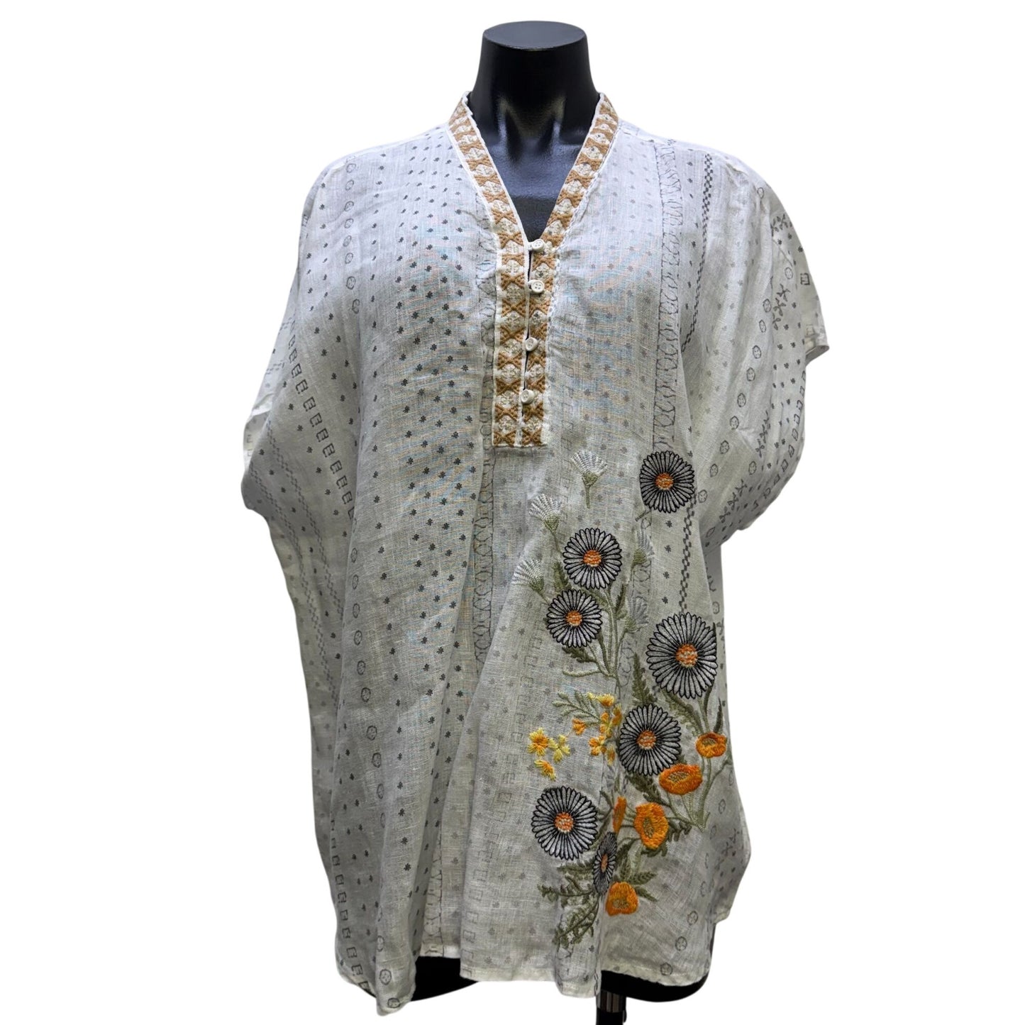 Johnny Was Linen Floral Embroidered Blouse White Multi M