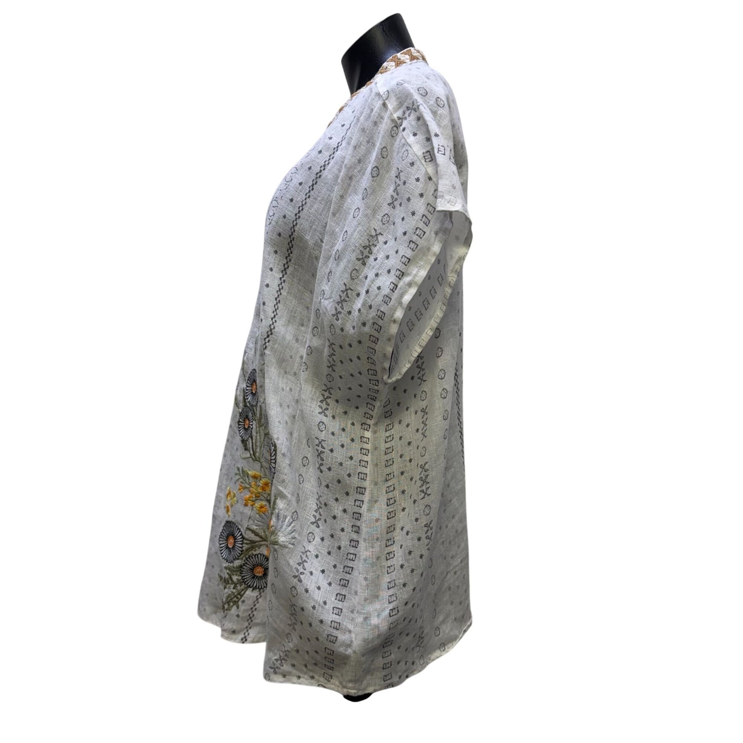 Johnny Was Linen Floral Embroidered Blouse White Multi M
