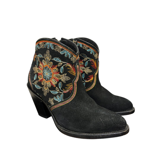 Azulado Embroidered Black Suede Ankle Boots With Vibrant Floral Design 7