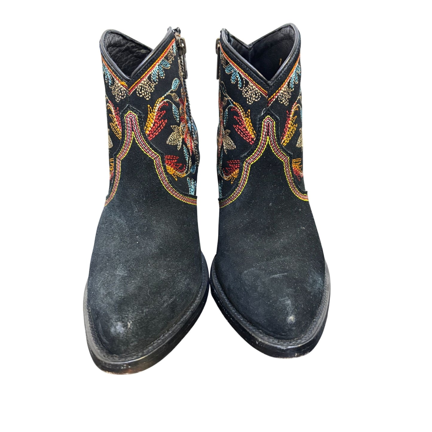 Azulado Embroidered Black Suede Ankle Boots With Vibrant Floral Design 7