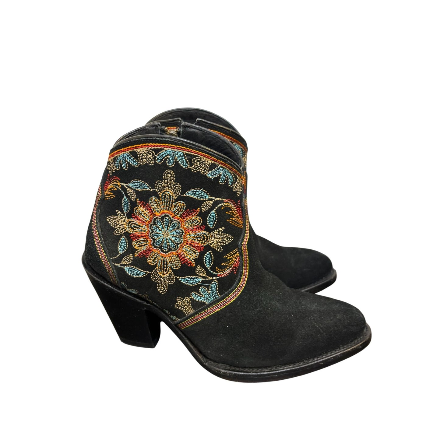 Azulado Embroidered Black Suede Ankle Boots With Vibrant Floral Design 7