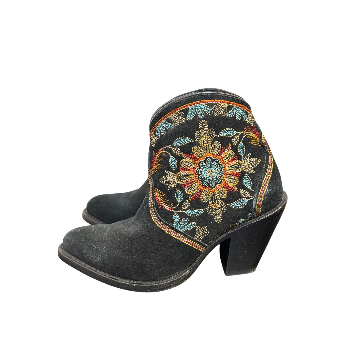 Azulado Embroidered Black Suede Ankle Boots With Vibrant Floral Design 7