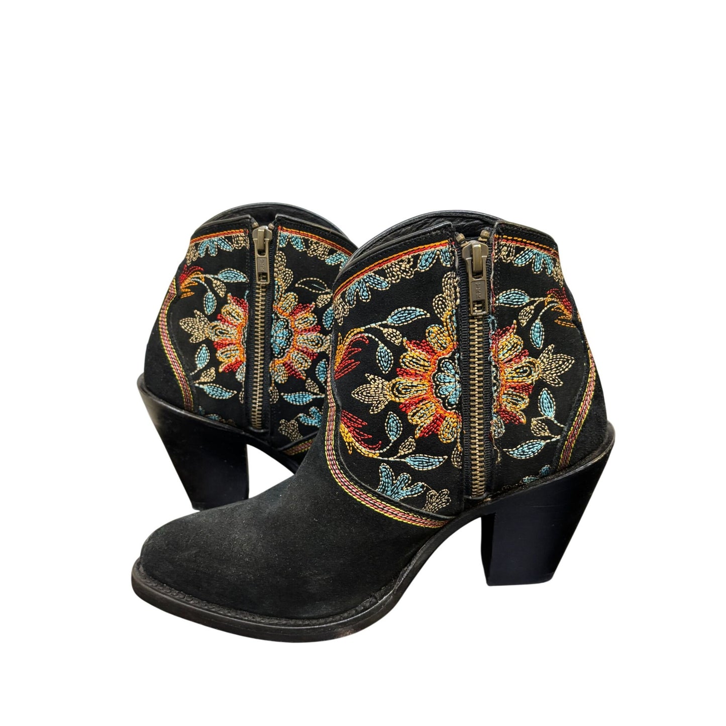 Azulado Embroidered Black Suede Ankle Boots With Vibrant Floral Design 7