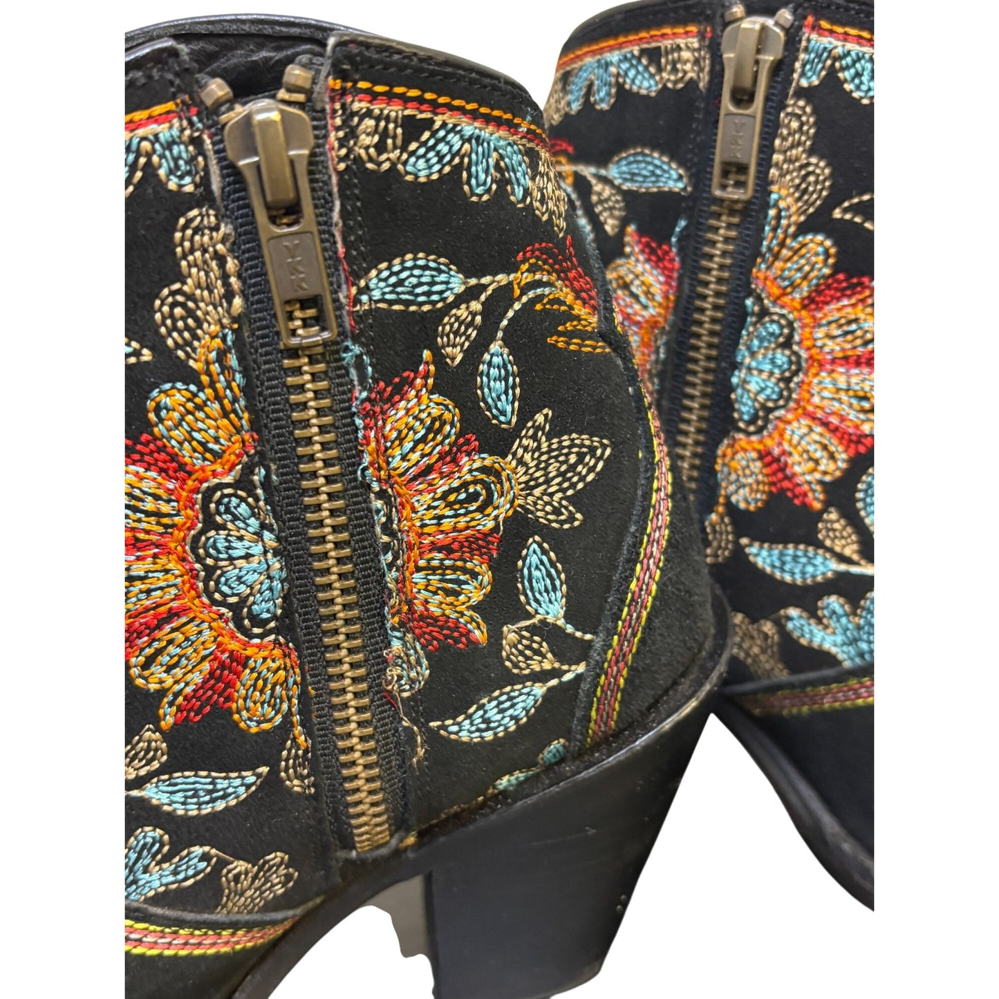 Azulado Embroidered Black Suede Ankle Boots With Vibrant Floral Design 7