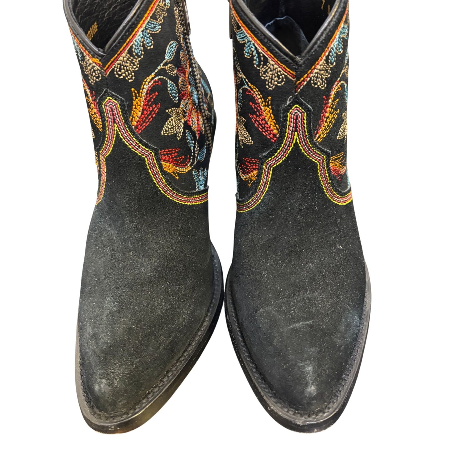 Azulado Embroidered Black Suede Ankle Boots With Vibrant Floral Design 7
