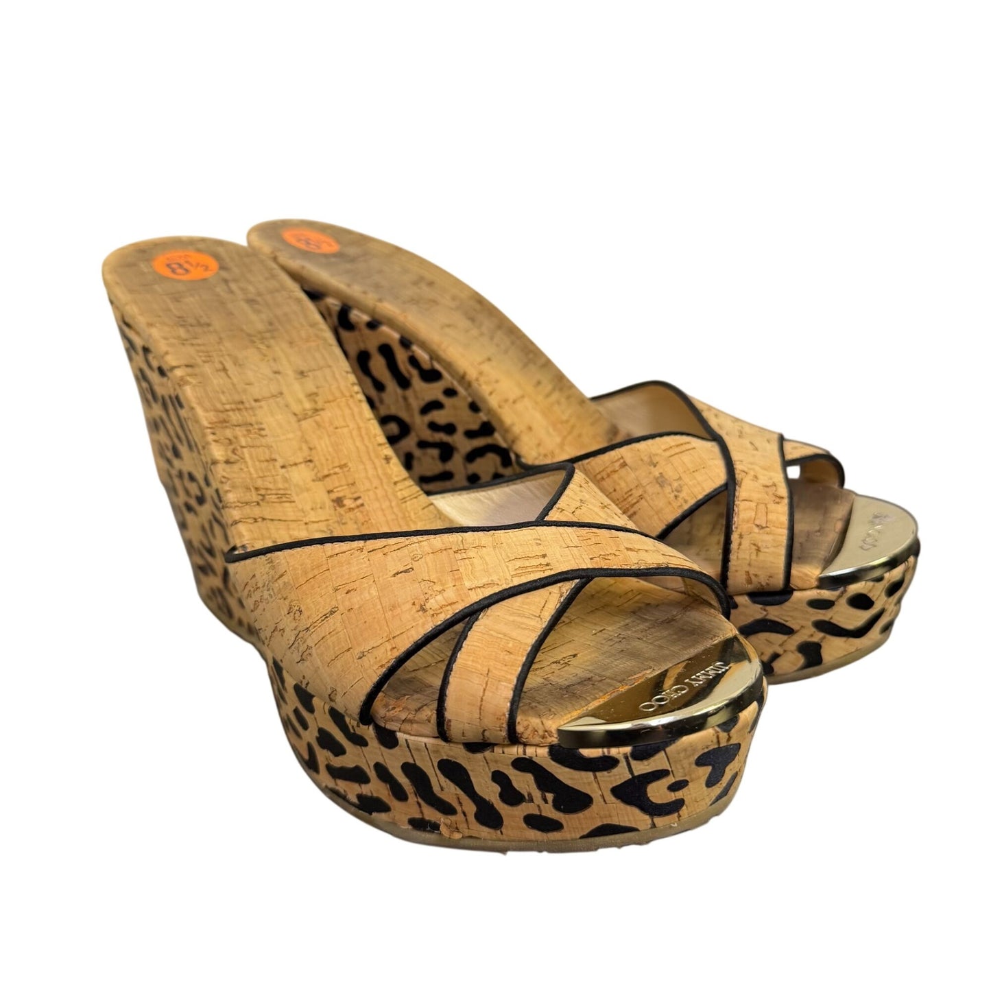 Jimmy Choo Cork Leopard Print Wedge Sandals Tan & Black Size 8.5
