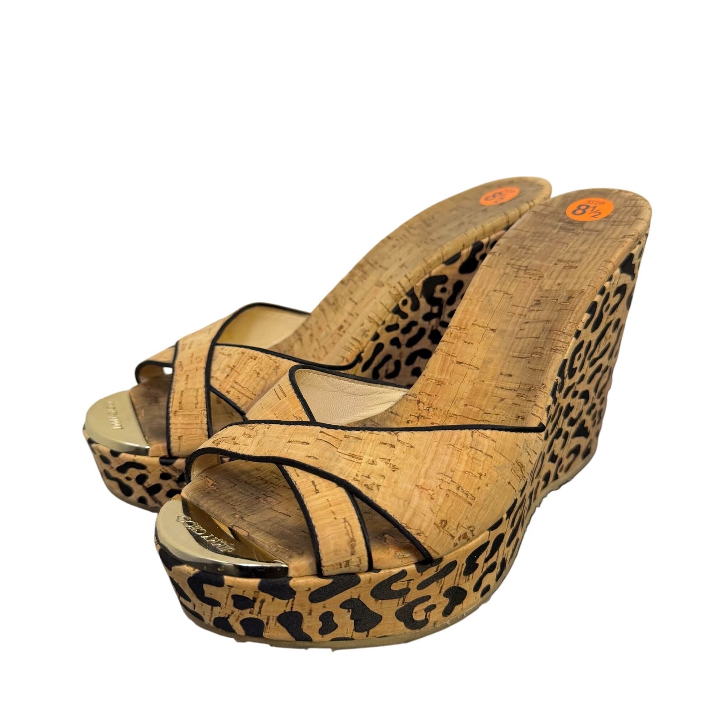 Jimmy Choo Cork Leopard Print Wedge Sandals Tan & Black Size 8.5