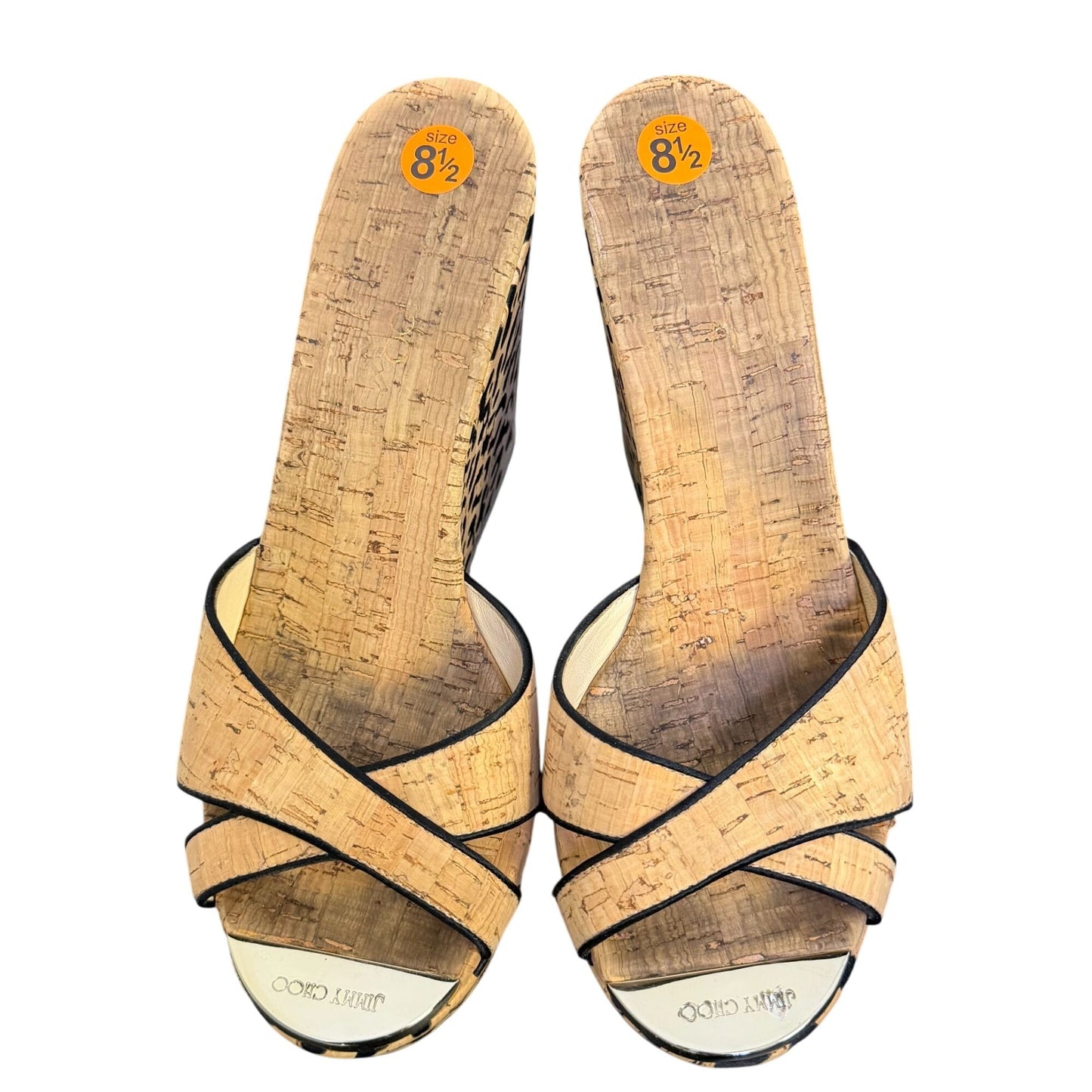 Jimmy Choo Cork Leopard Print Wedge Sandals Tan & Black Size 8.5