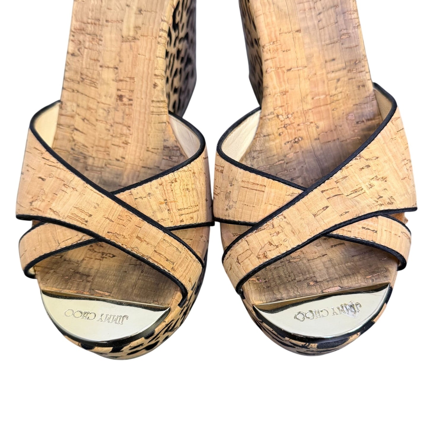 Jimmy Choo Cork Leopard Print Wedge Sandals Tan & Black Size 8.5