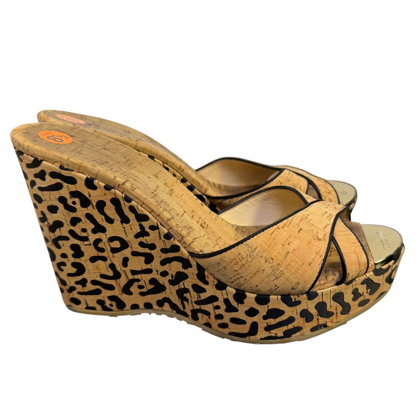 Jimmy Choo Cork Leopard Print Wedge Sandals Tan & Black Size 8.5