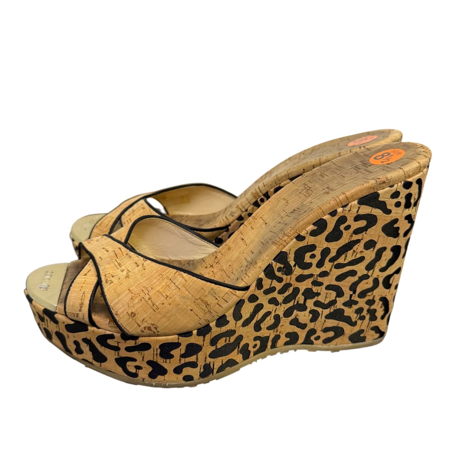 Jimmy Choo Cork Leopard Print Wedge Sandals Tan & Black Size 8.5