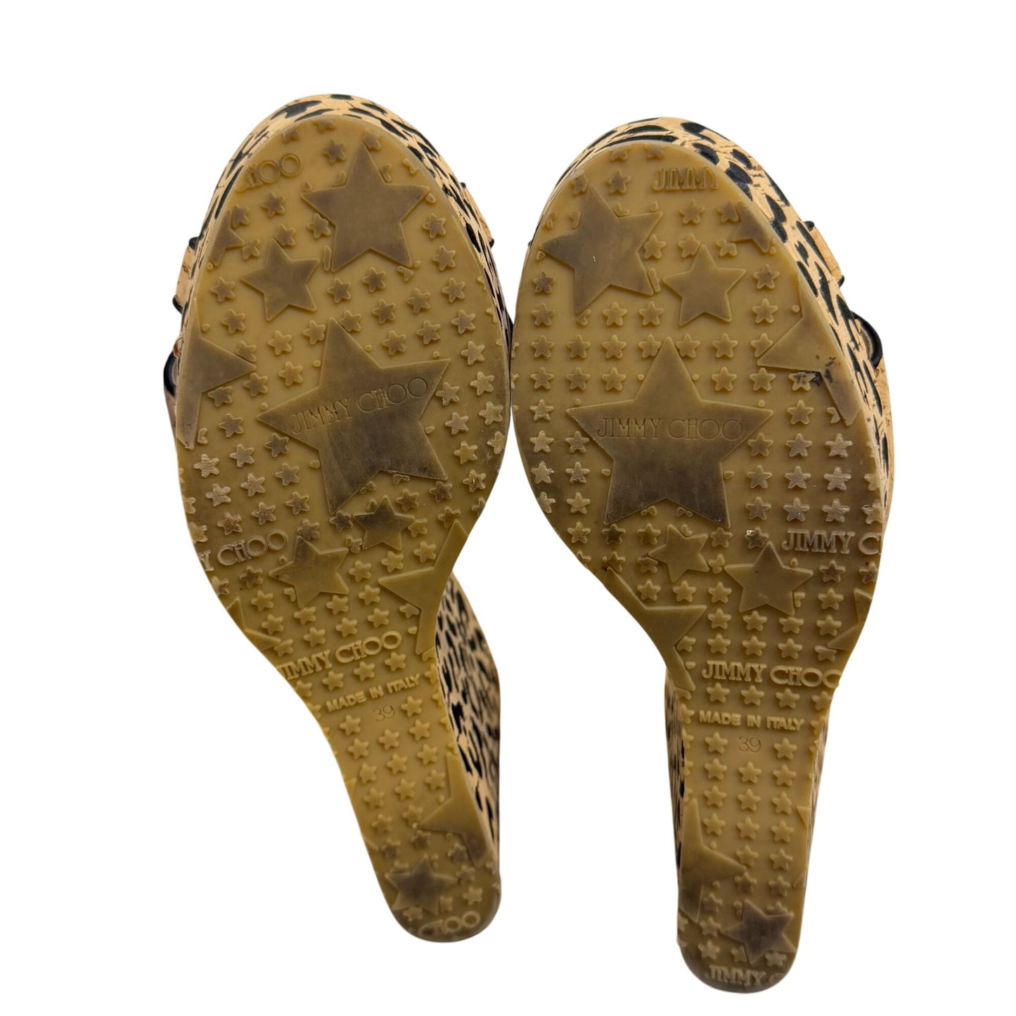Jimmy Choo Cork Leopard Print Wedge Sandals Tan & Black Size 8.5