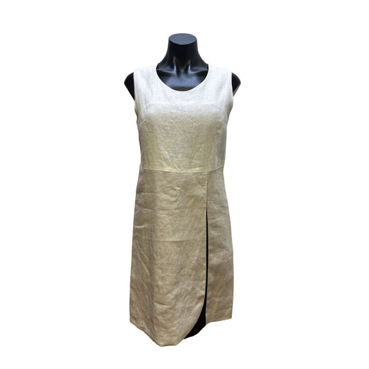 NWT Neiman Marcus Sleeveless Cream Linen Dress w/Black Contrast Panel