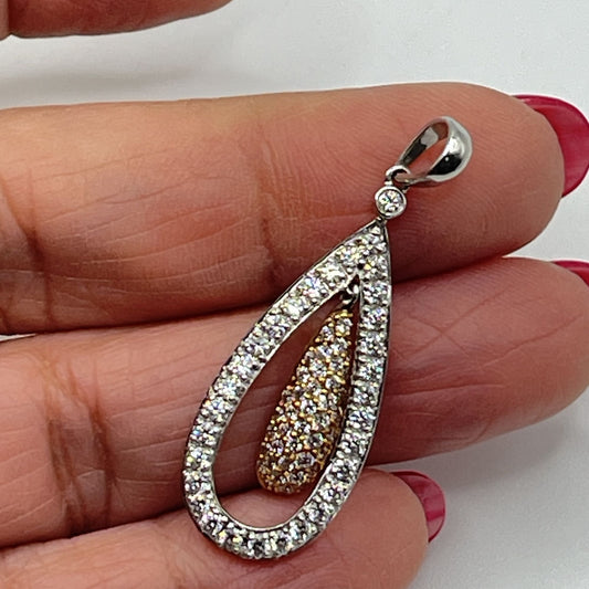 Estate Diamond 14KT White & Yellow Gold 3D Tear Drop Floating Pendant