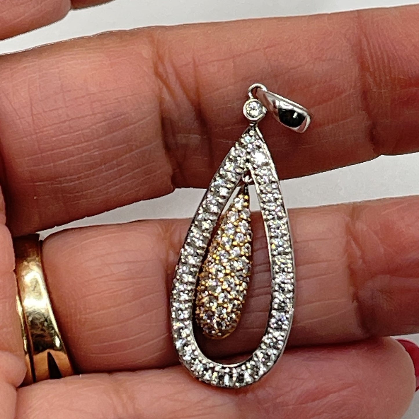 Estate Diamond 14KT White & Yellow Gold 3D Tear Drop Floating Pendant