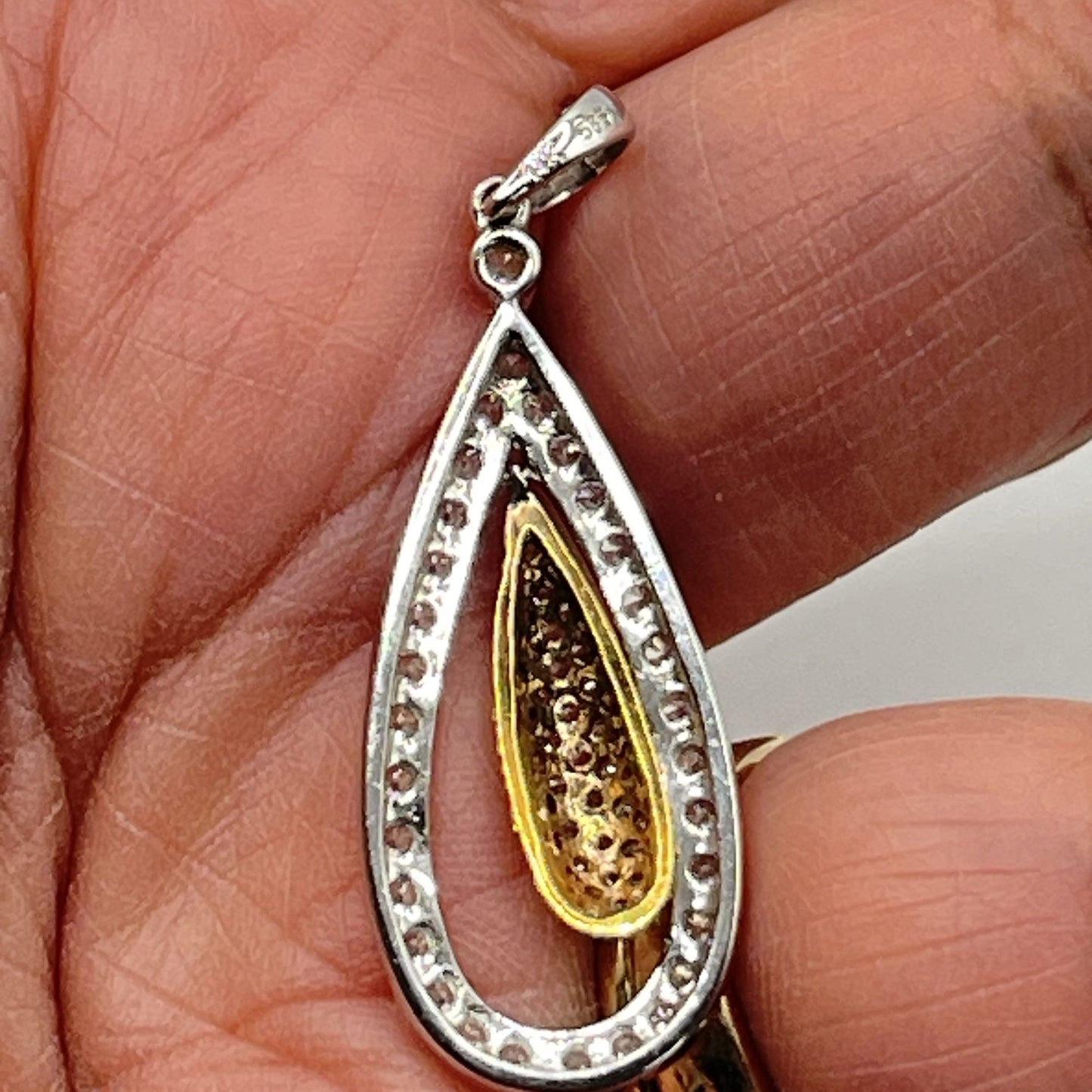 Estate Diamond 14KT White & Yellow Gold 3D Tear Drop Floating Pendant