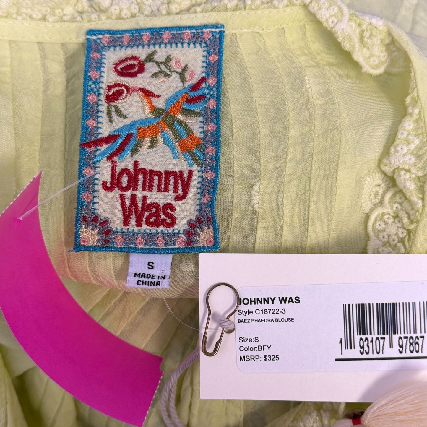 NWT Johnny Was Baez Phaedra Lime Blouse With Button Front Size S