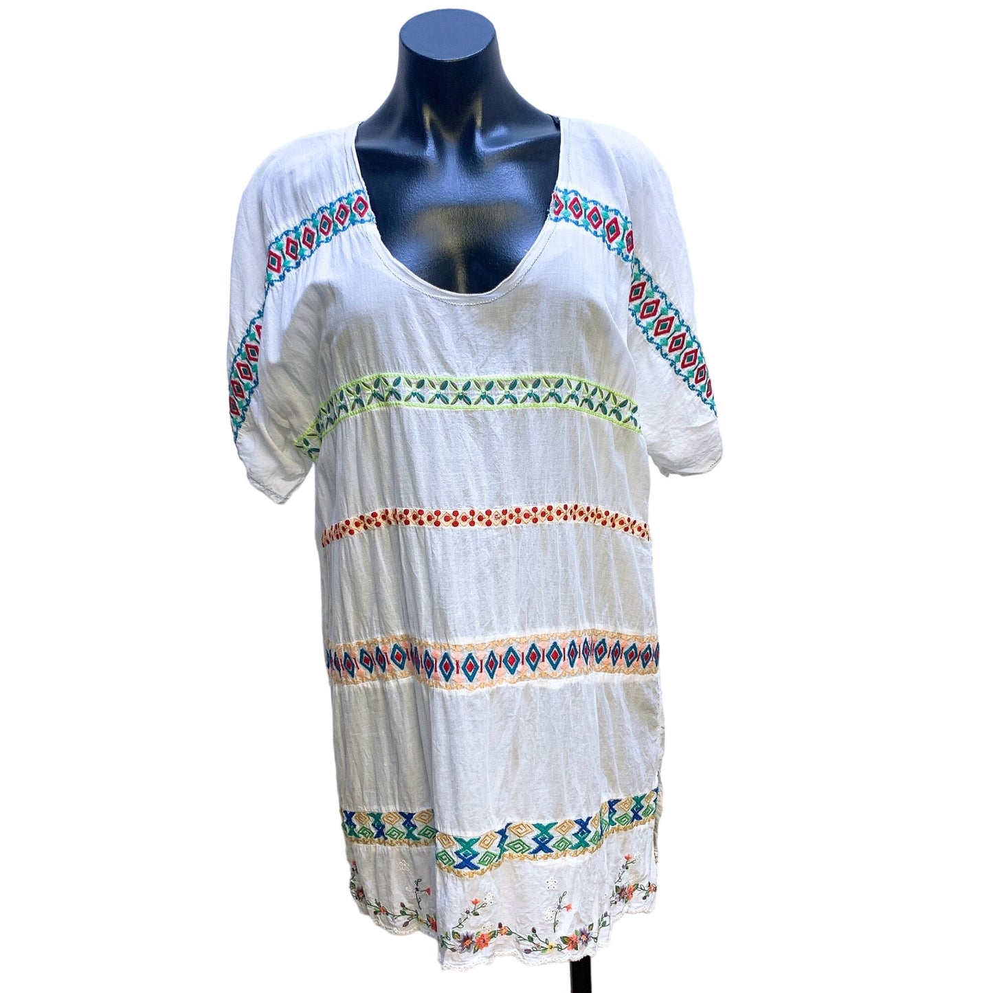 Johnny Was White Embroidered Boho Tunic Top - Size L