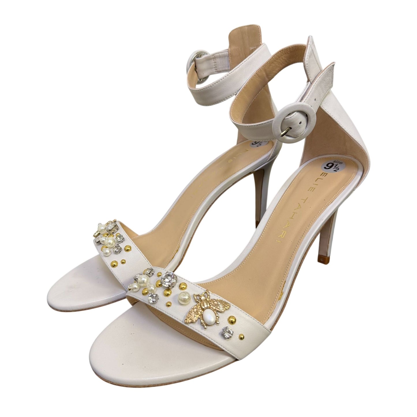 Elie Tahari White Embellished Heels Sandals W/ Bee Accent Size 9.5/40