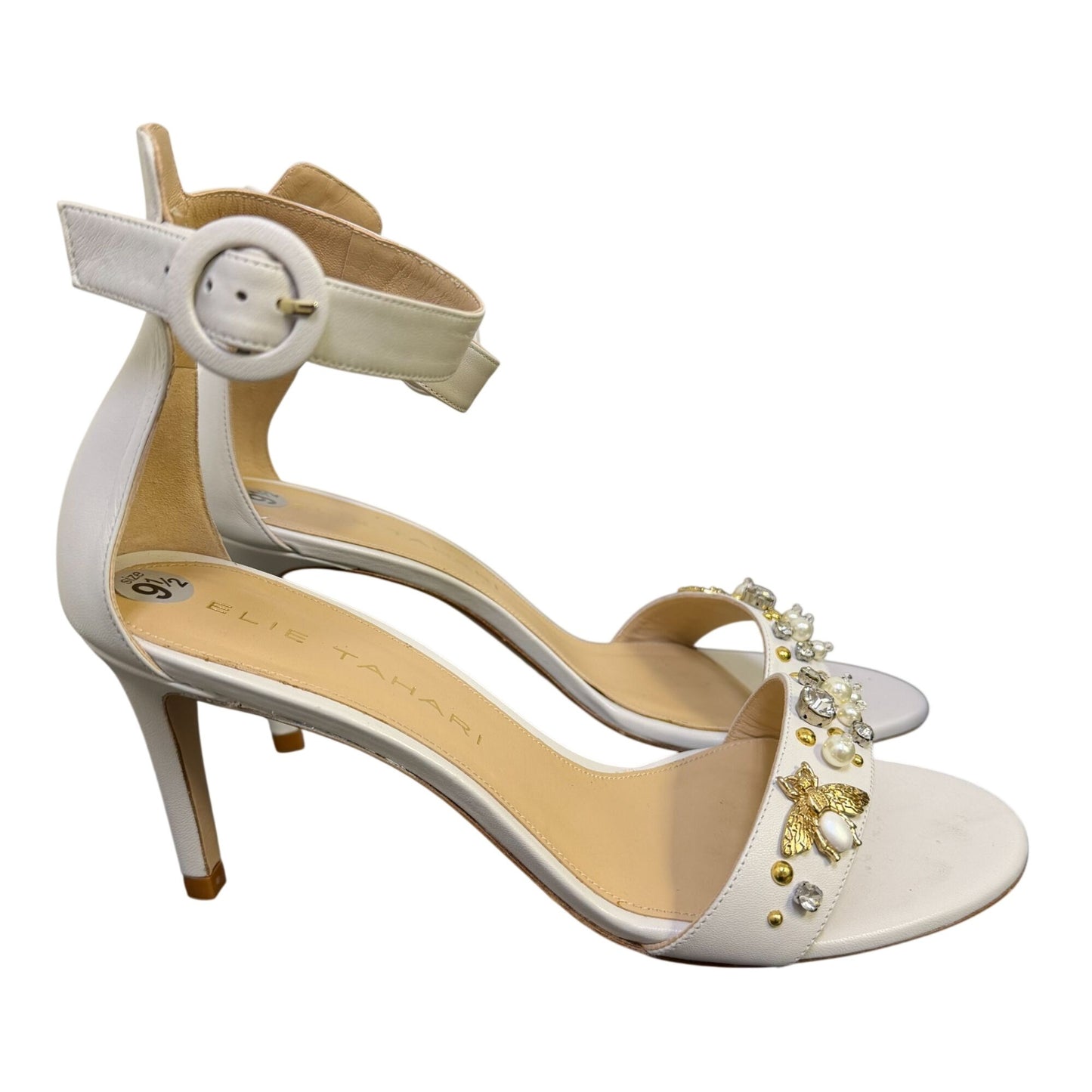 Elie Tahari White Embellished Heels Sandals W/ Bee Accent Size 9.5/40