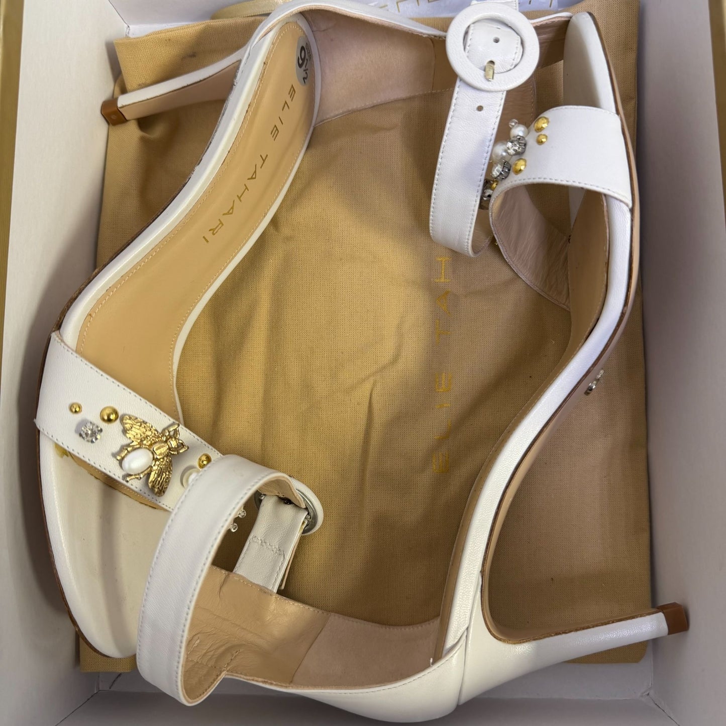 Elie Tahari White Embellished Heels Sandals W/ Bee Accent Size 9.5/40