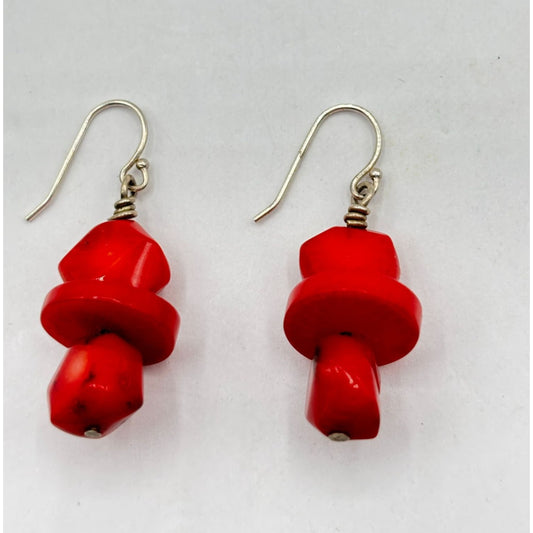 Red Coral & Silver Dangle Earrings