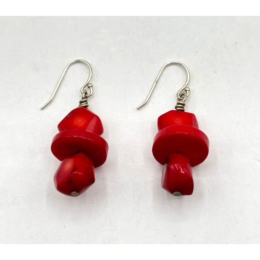 Red Coral & Silver Dangle Earrings