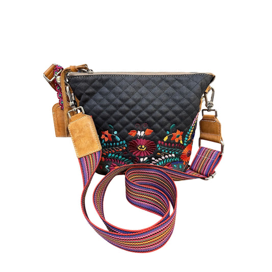 Consuela Quilted Black Floral Embroidered Crossbody Bag Removable Strap