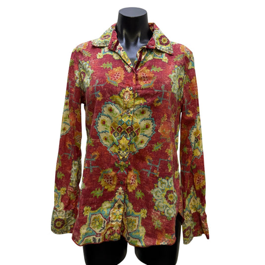 Cino Floral Button-Up Collared Blouse Red & Green Long Sleeve XS