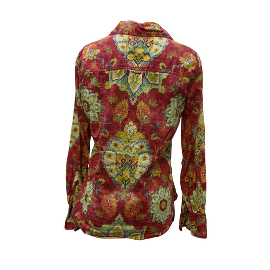 Cino Floral Button-Up Collared Blouse Red & Green Long Sleeve XS