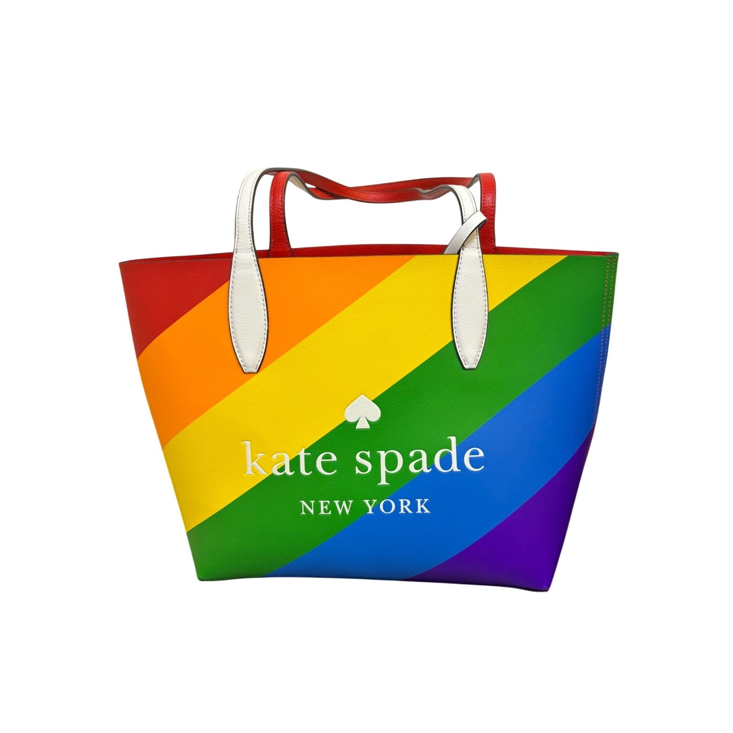 Kate Spade New York Rainbow Striped Leather Tote Bag With Red & White Handles