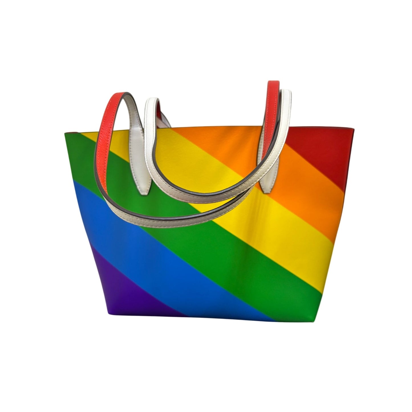 Kate Spade New York Rainbow Striped Leather Tote Bag With Red & White Handles