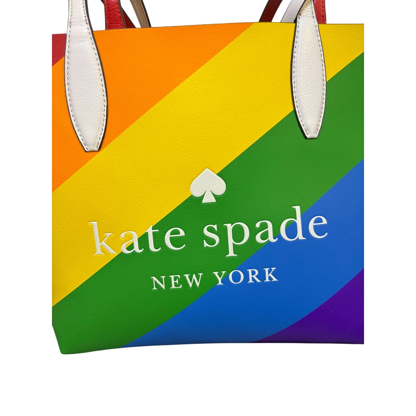 Kate Spade New York Rainbow Striped Leather Tote Bag With Red & White Handles