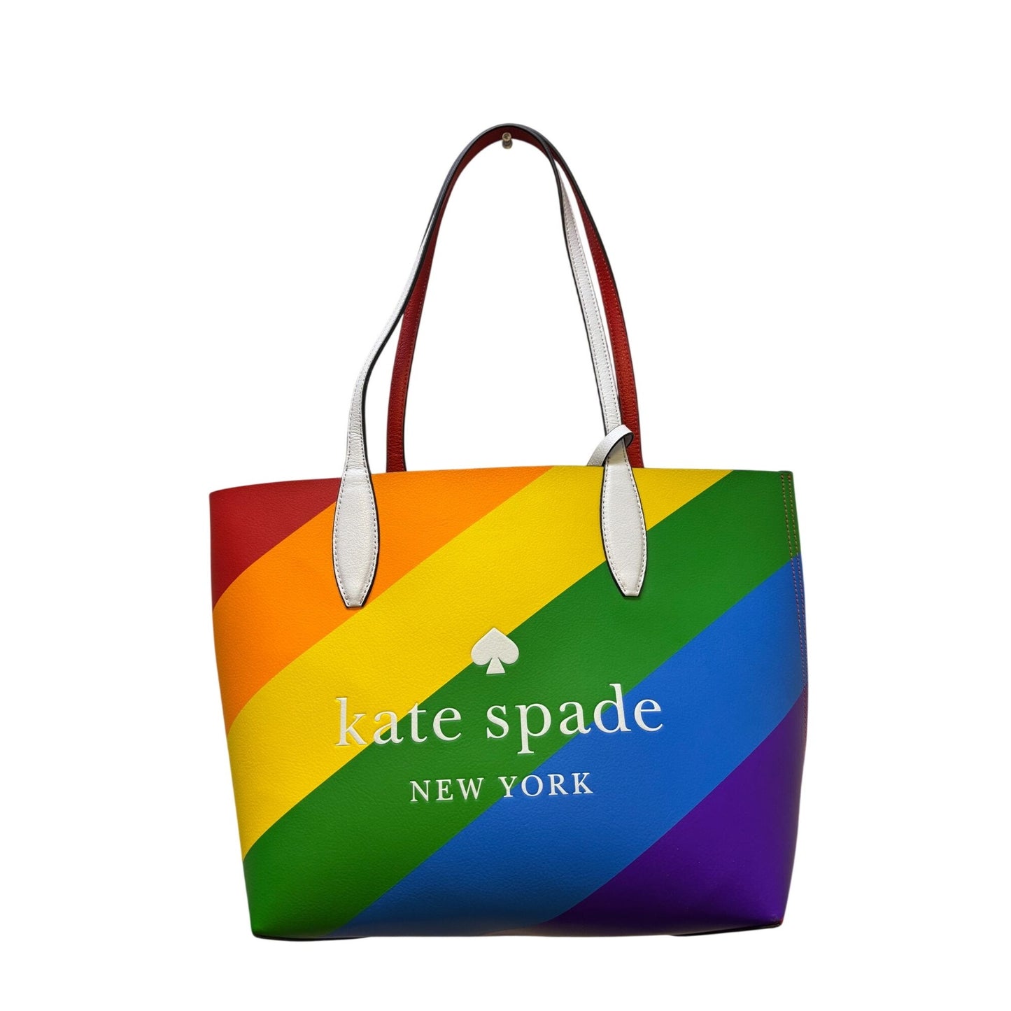 Kate Spade New York Rainbow Striped Leather Tote Bag With Red & White Handles