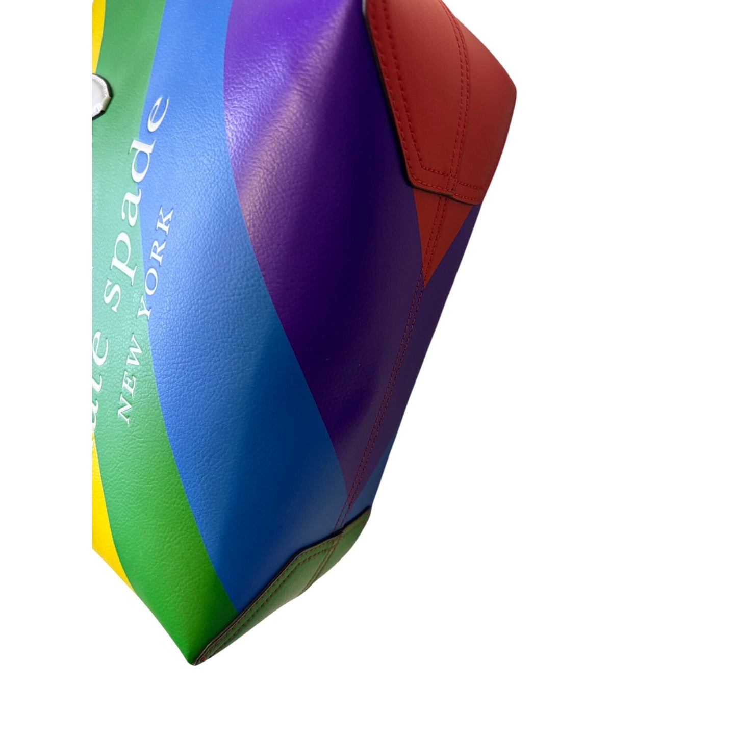 Kate Spade New York Rainbow Striped Leather Tote Bag With Red & White Handles