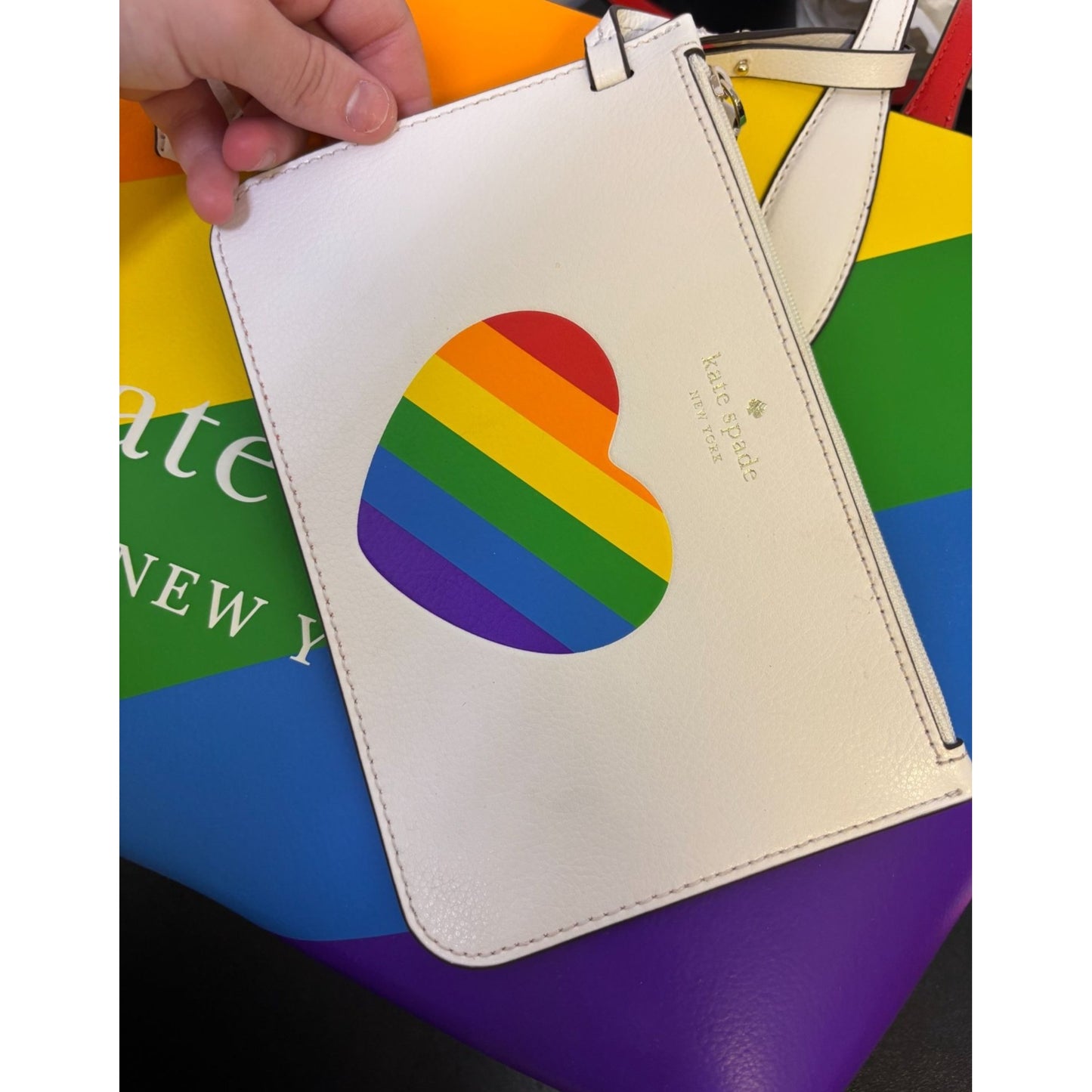 Kate Spade New York Rainbow Striped Leather Tote Bag With Red & White Handles